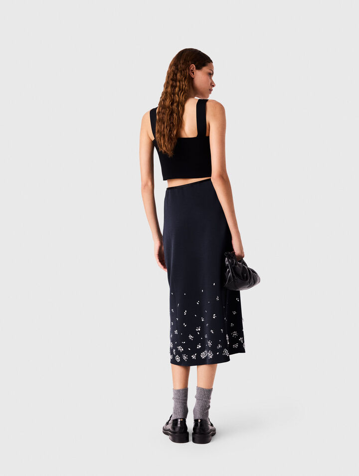 Embroidered satin midi skirt