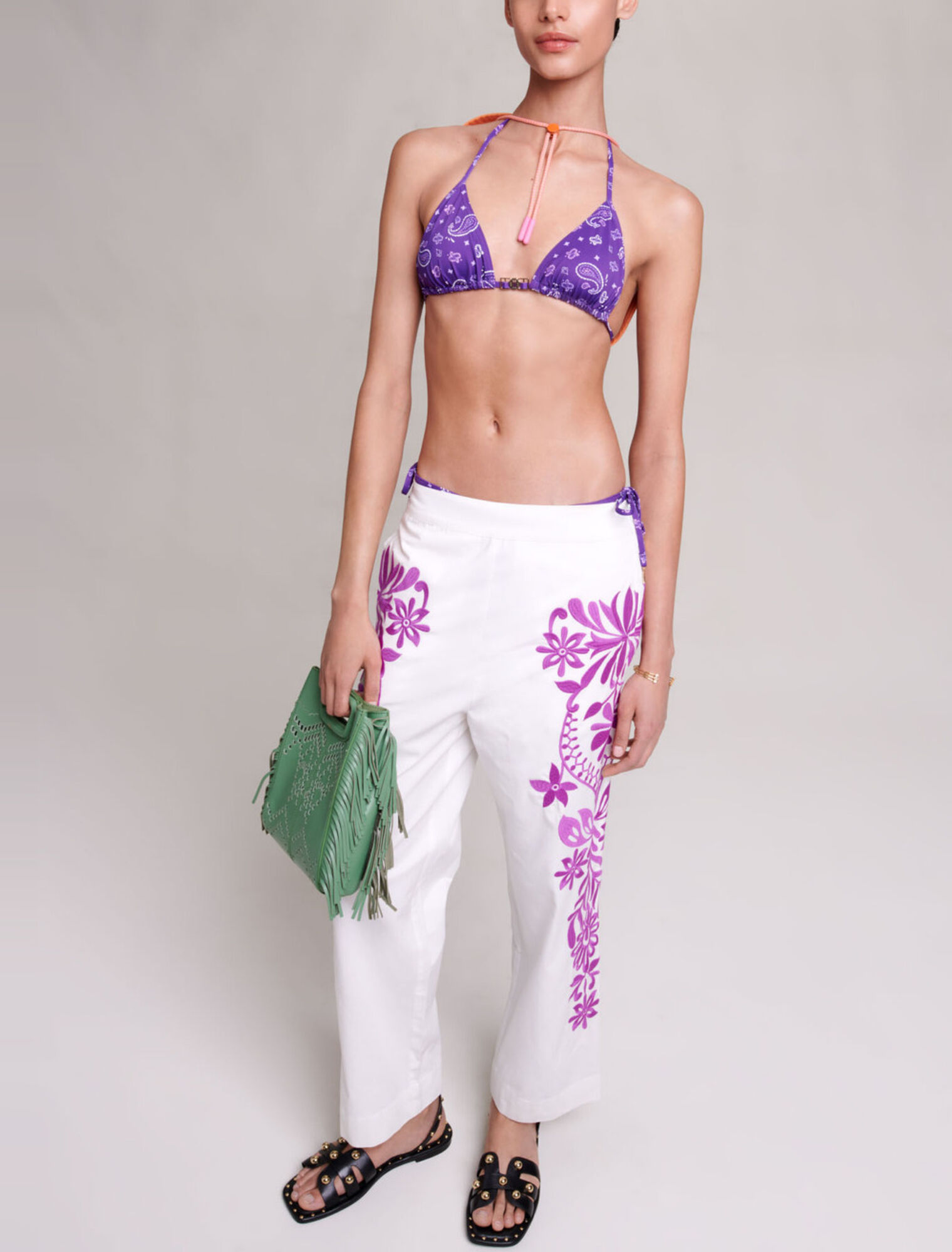 Wide-leg embroidered pants