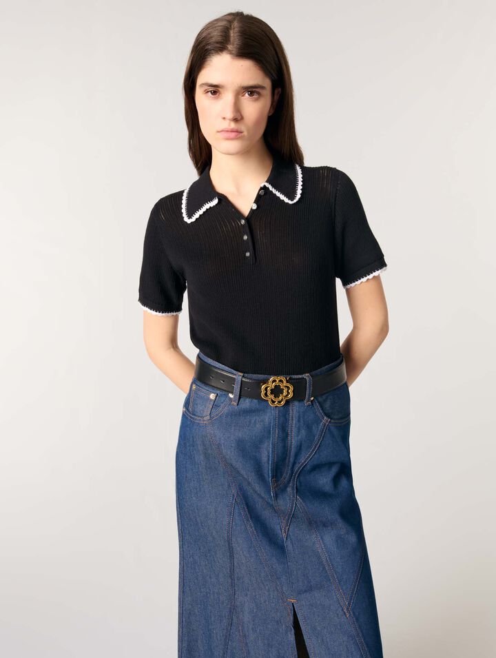 Pointelle knit polo shirt