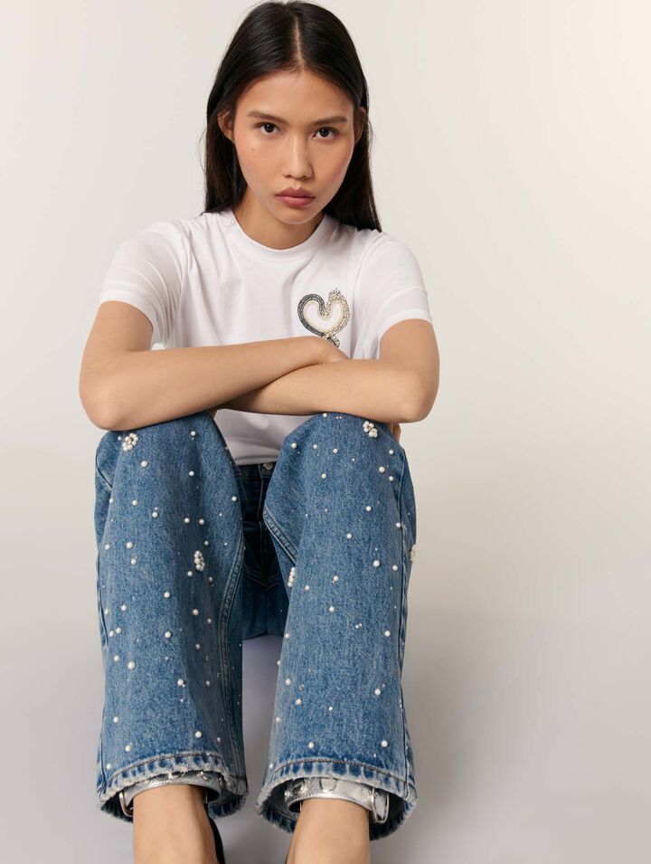 Wide-leg embroidered jeans
