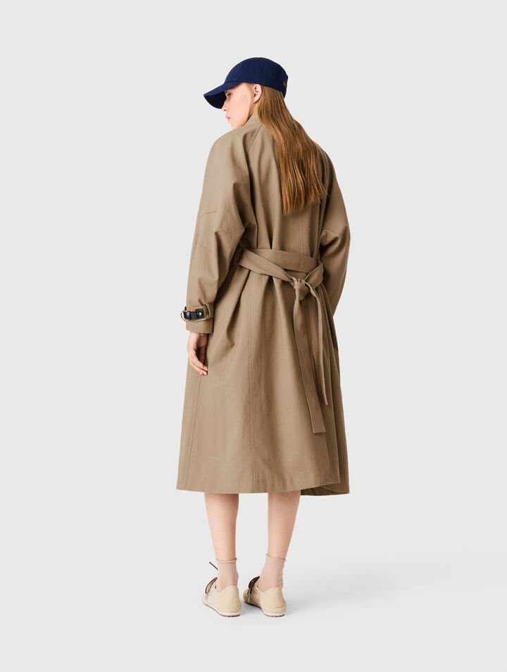 Long belted trench, gold buttons