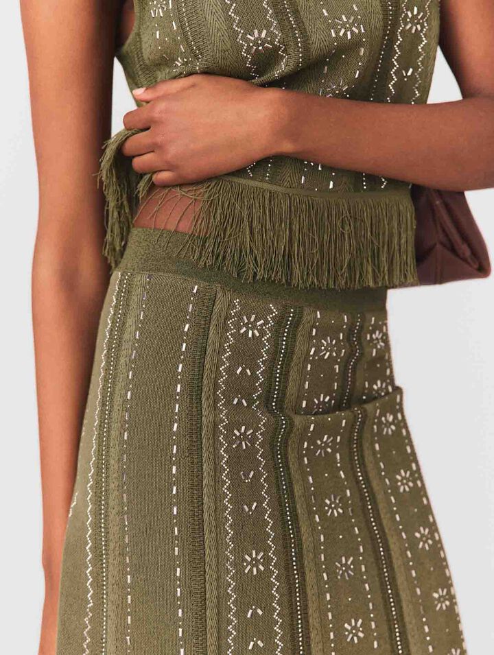 Knit skirt with rhinestone flowers