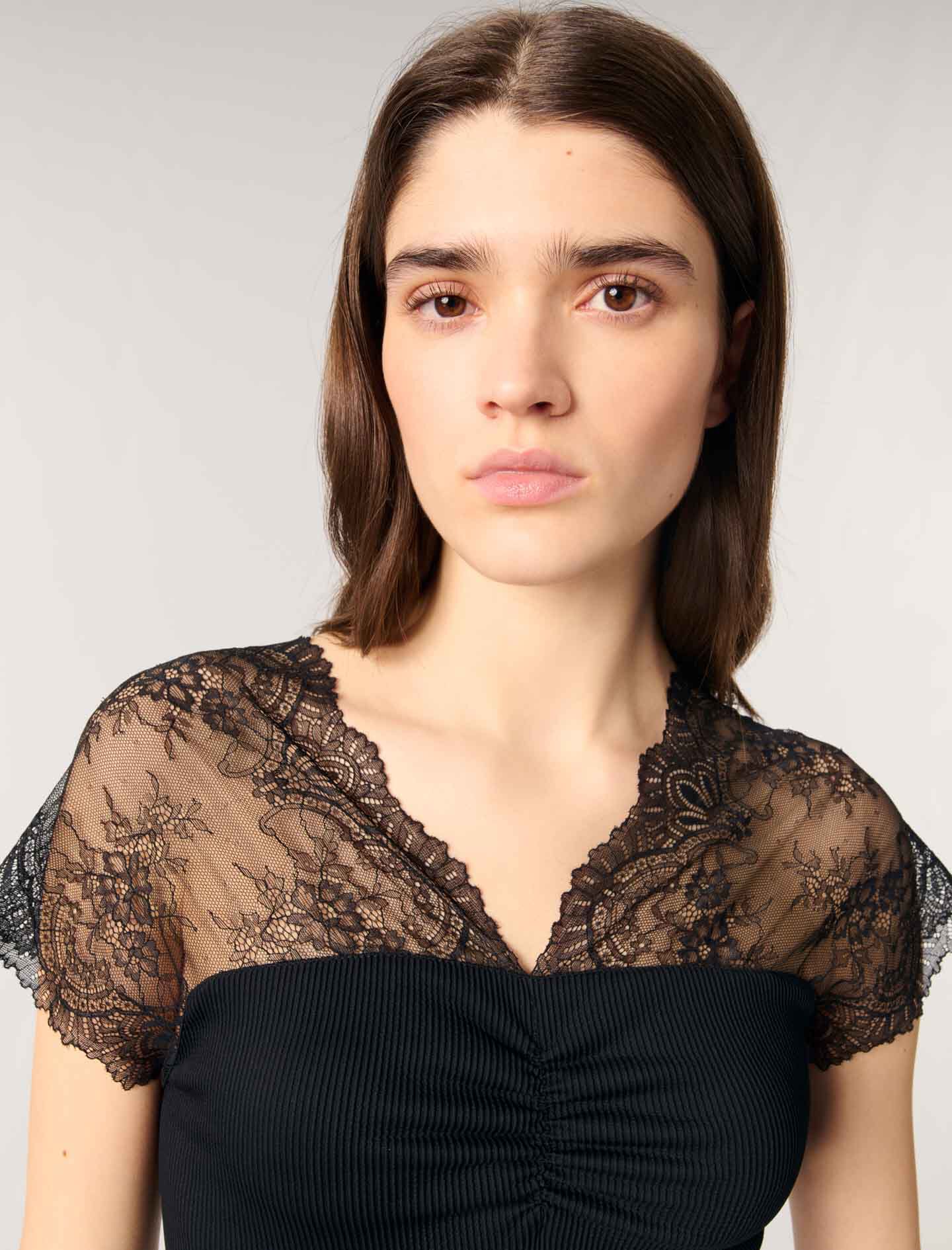 Jersey top with lace trim Black / Gray for Women | Maje