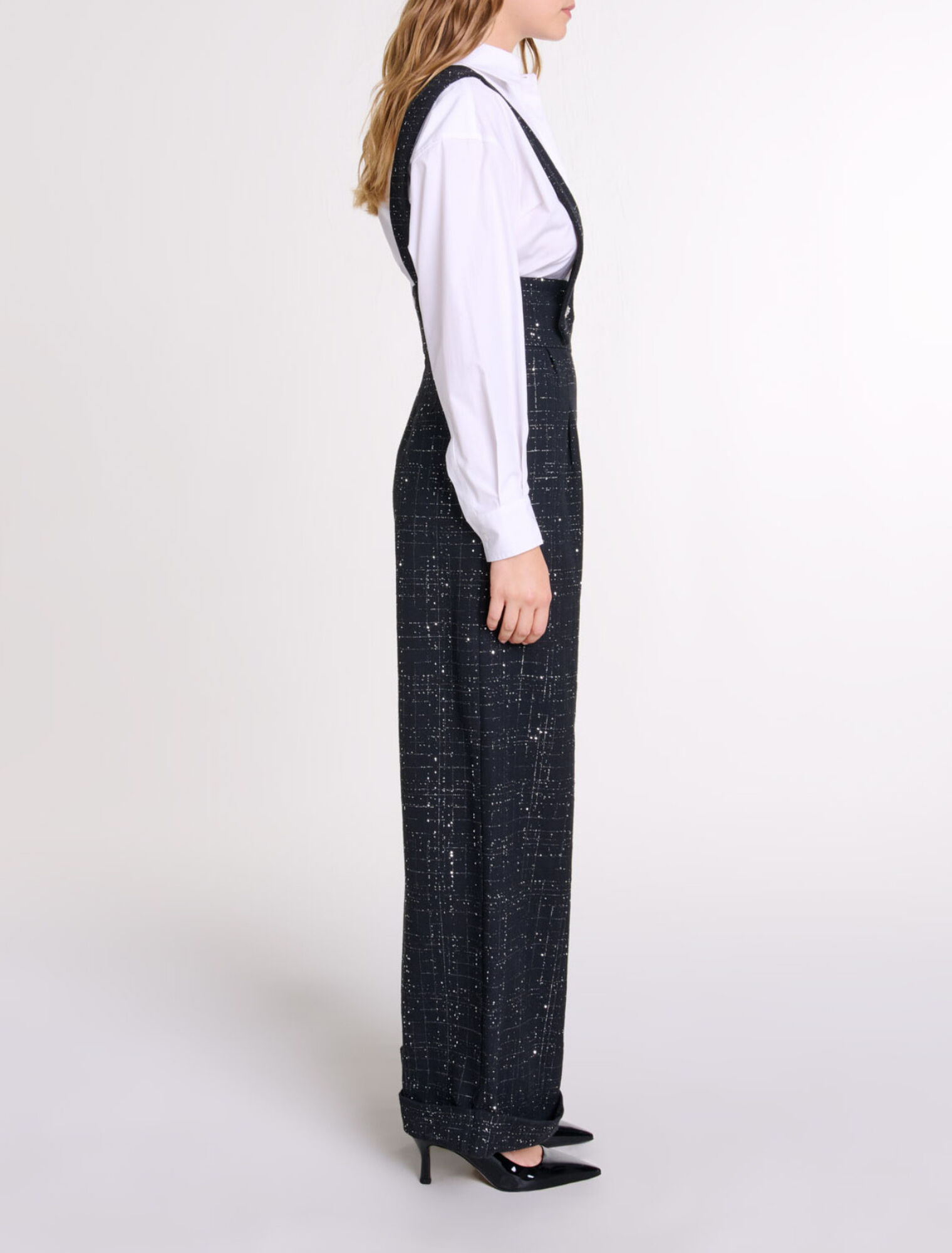 Wide-leg trousers with tweed braces