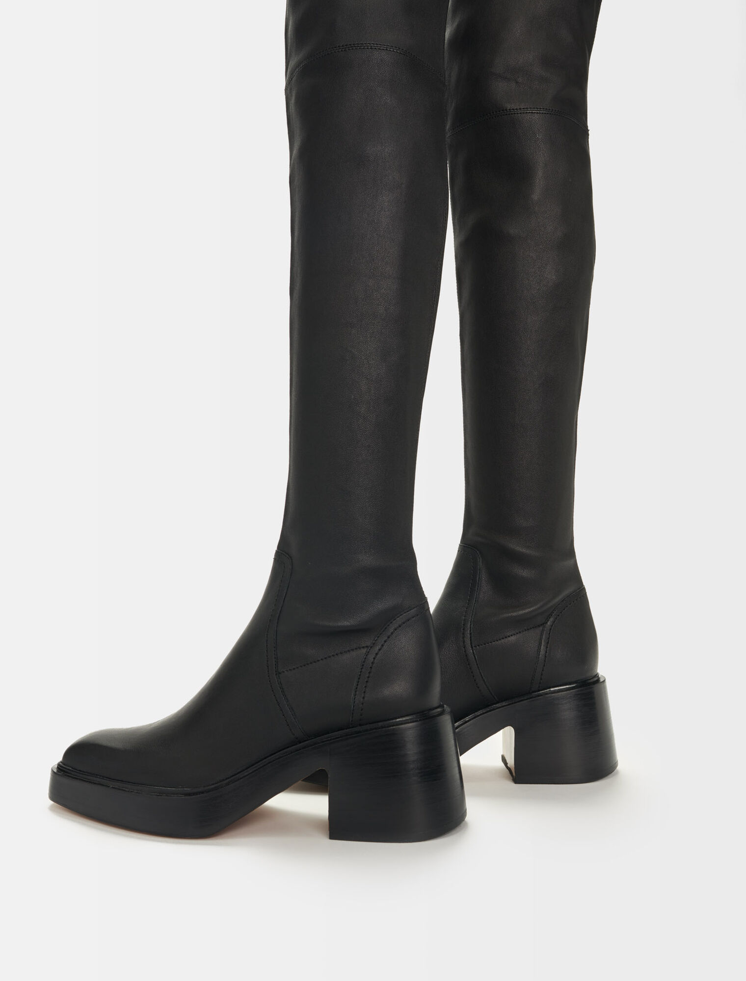 Black leather heeled thigh boots