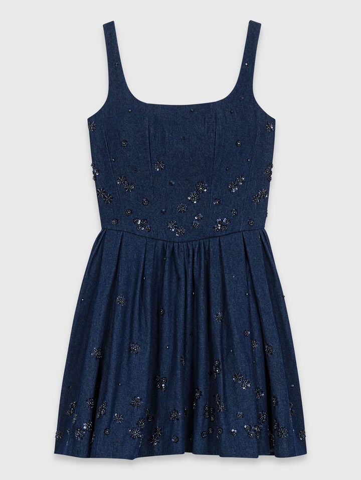 Flared embroidered denim dress