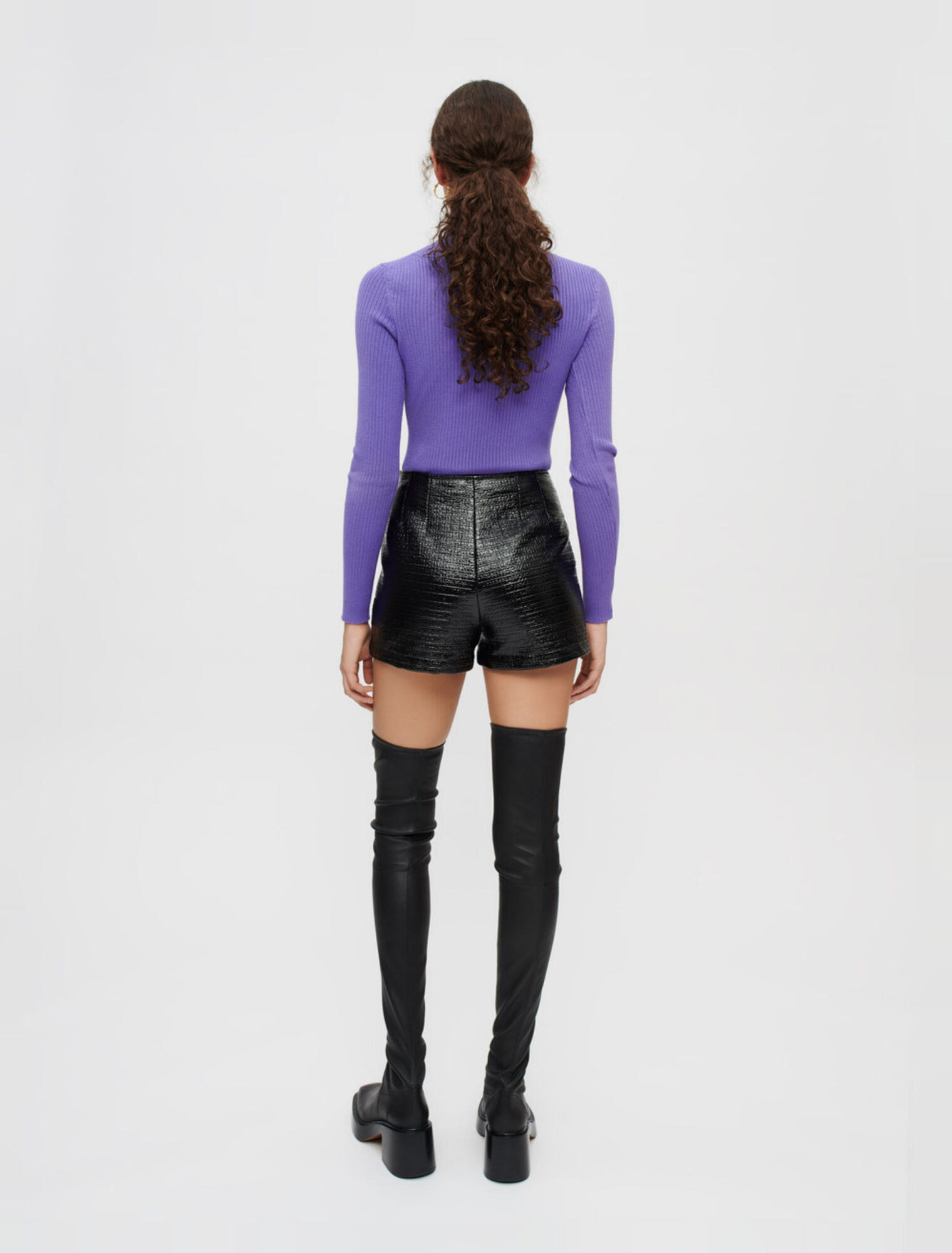 Embossed tweed and black vinyl shorts