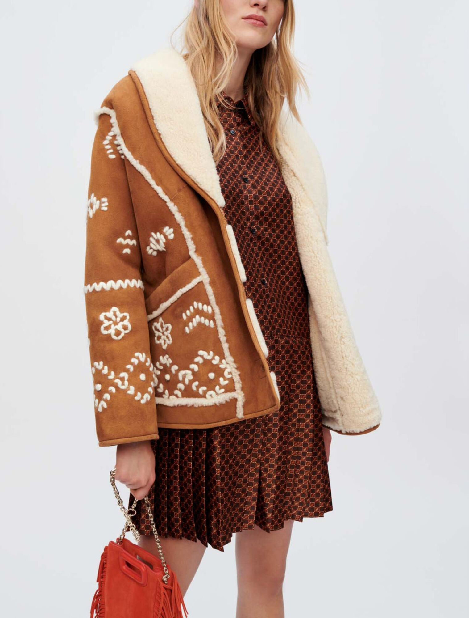 Fully embroidered shearling coat