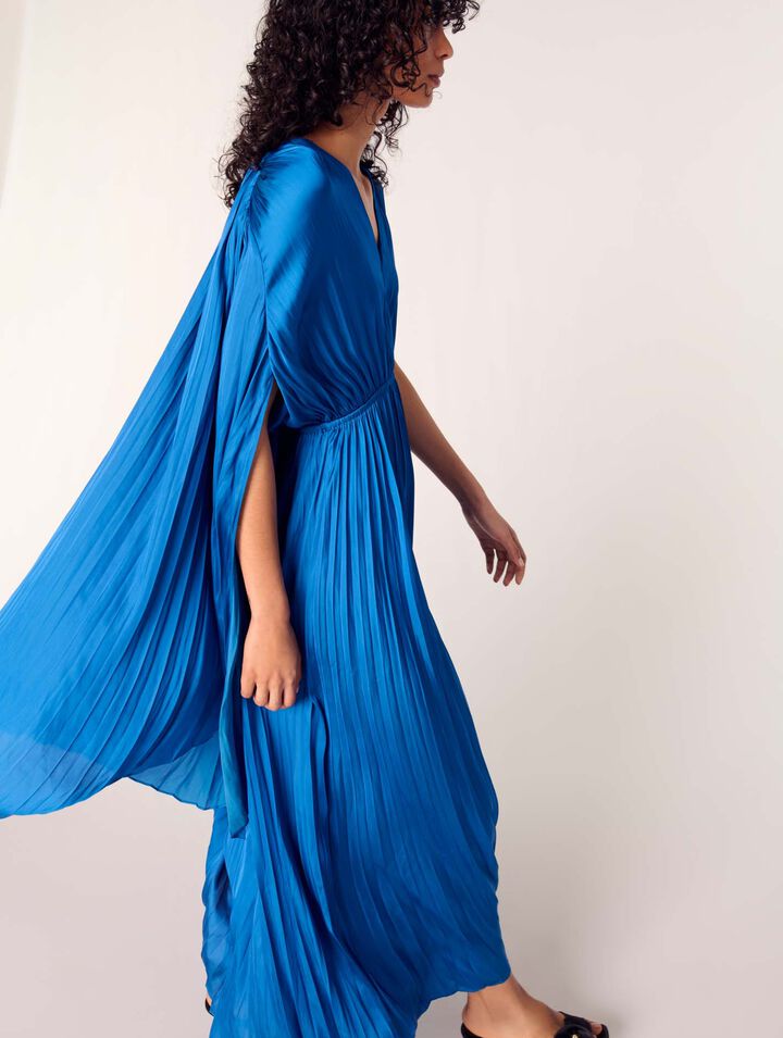 Pleated satin cape maxi dress
