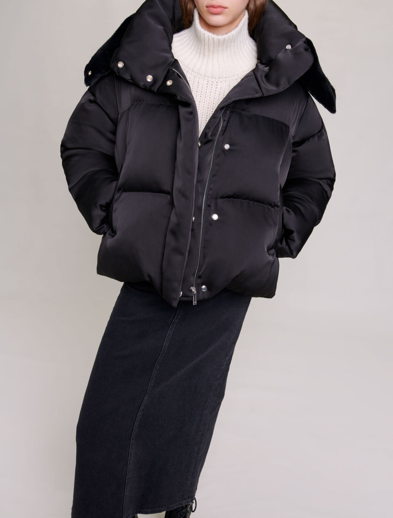 Short satiny quilted puffer jacket Black Gray for Women Maje