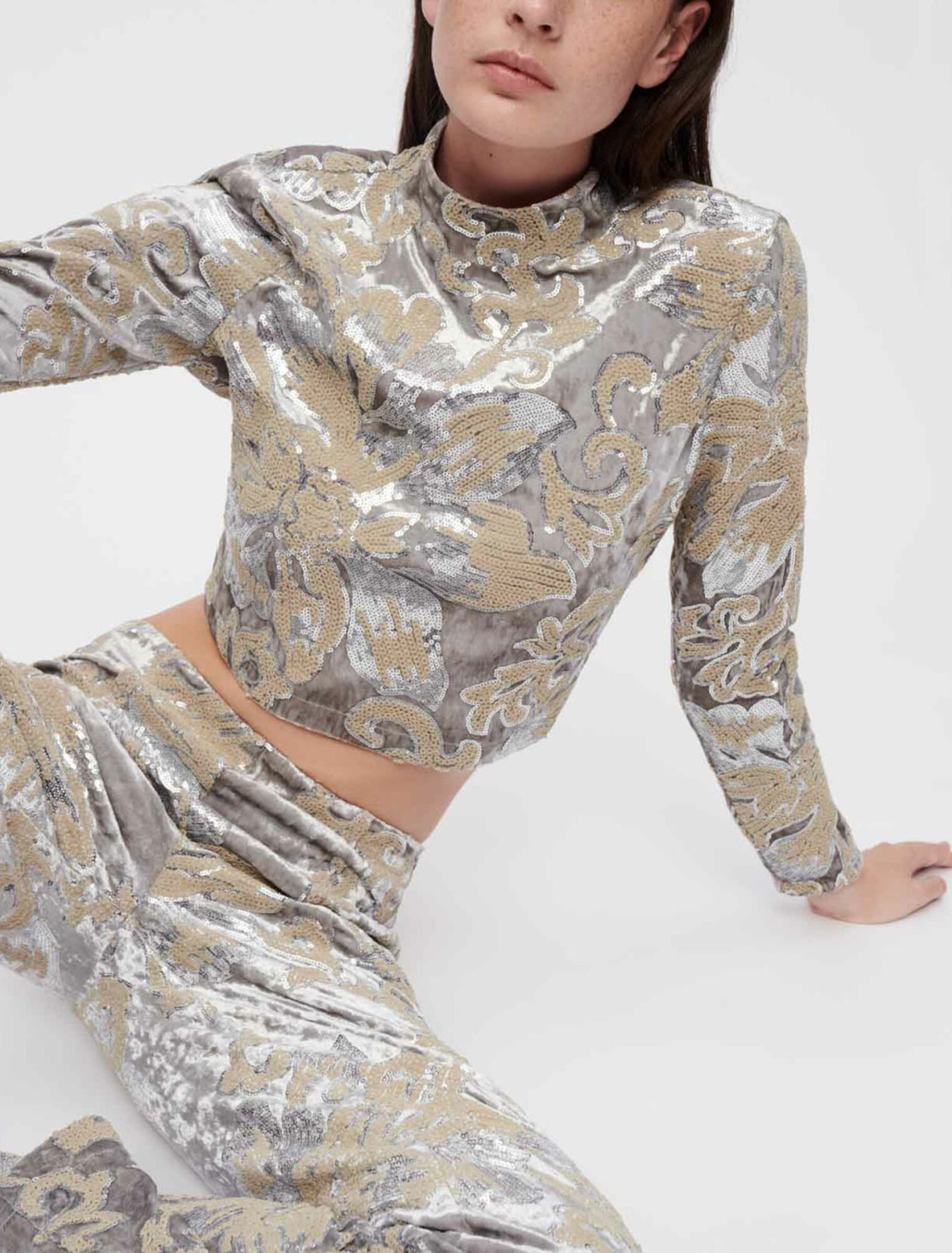 Sequin-embroidered velvet crop top