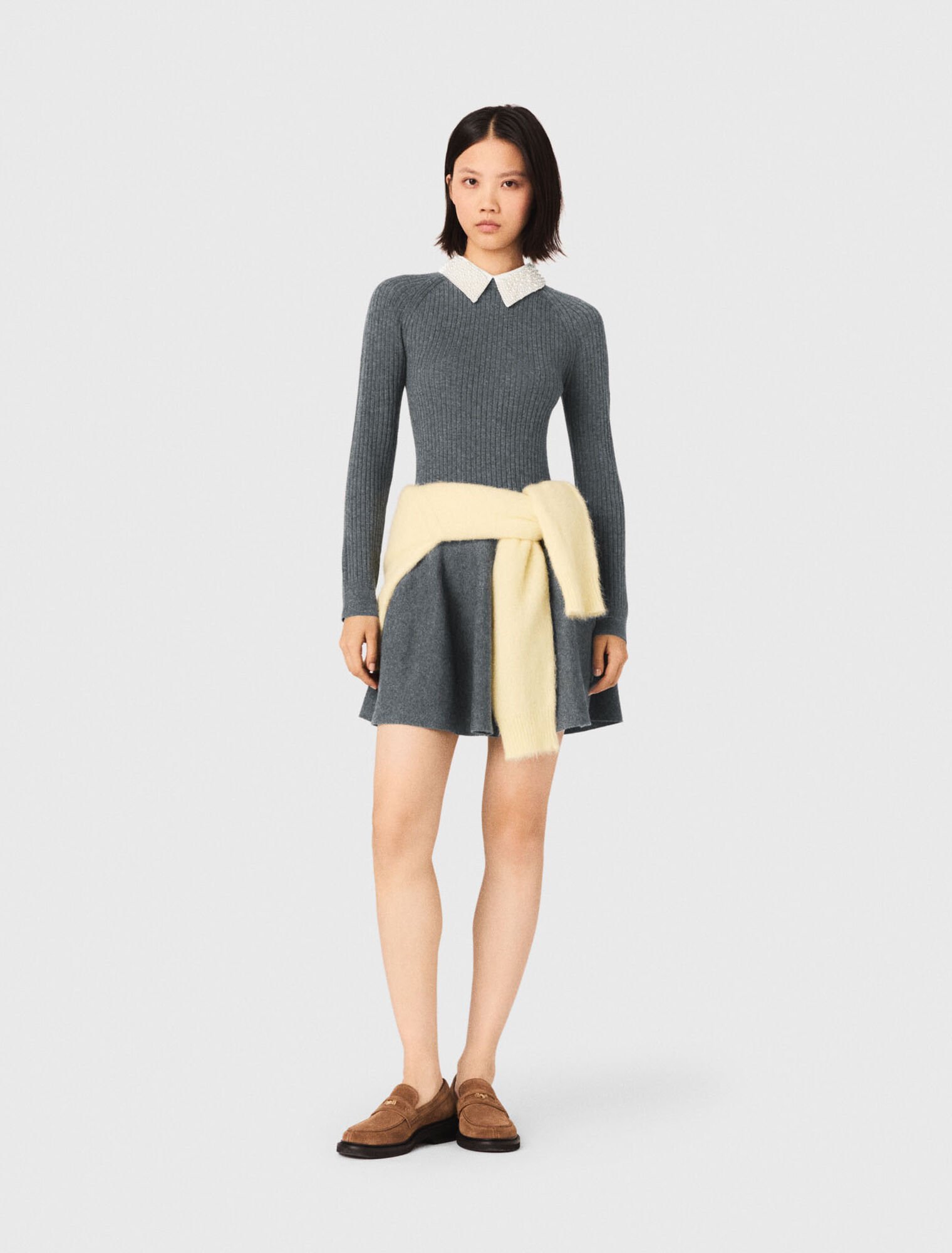 Beaded-collar short knit dress