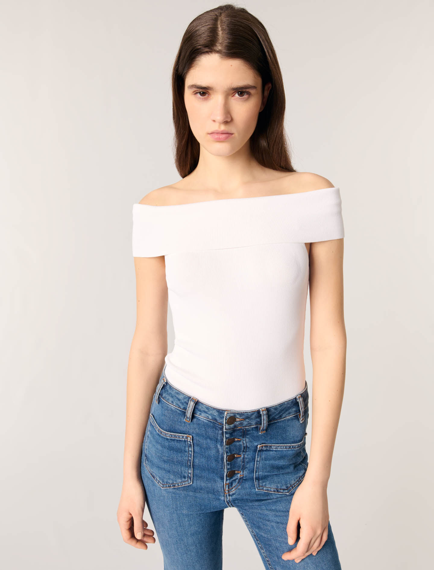 Rib knit bardot-neck top White for Women | Maje