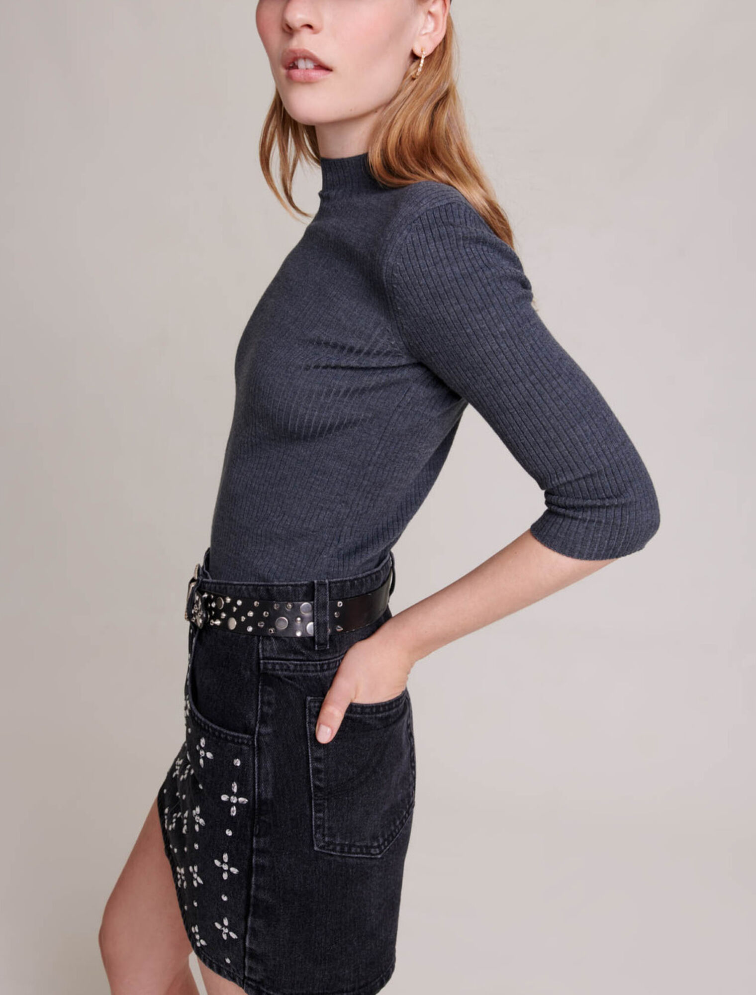 Short denim skirt with rhinestones