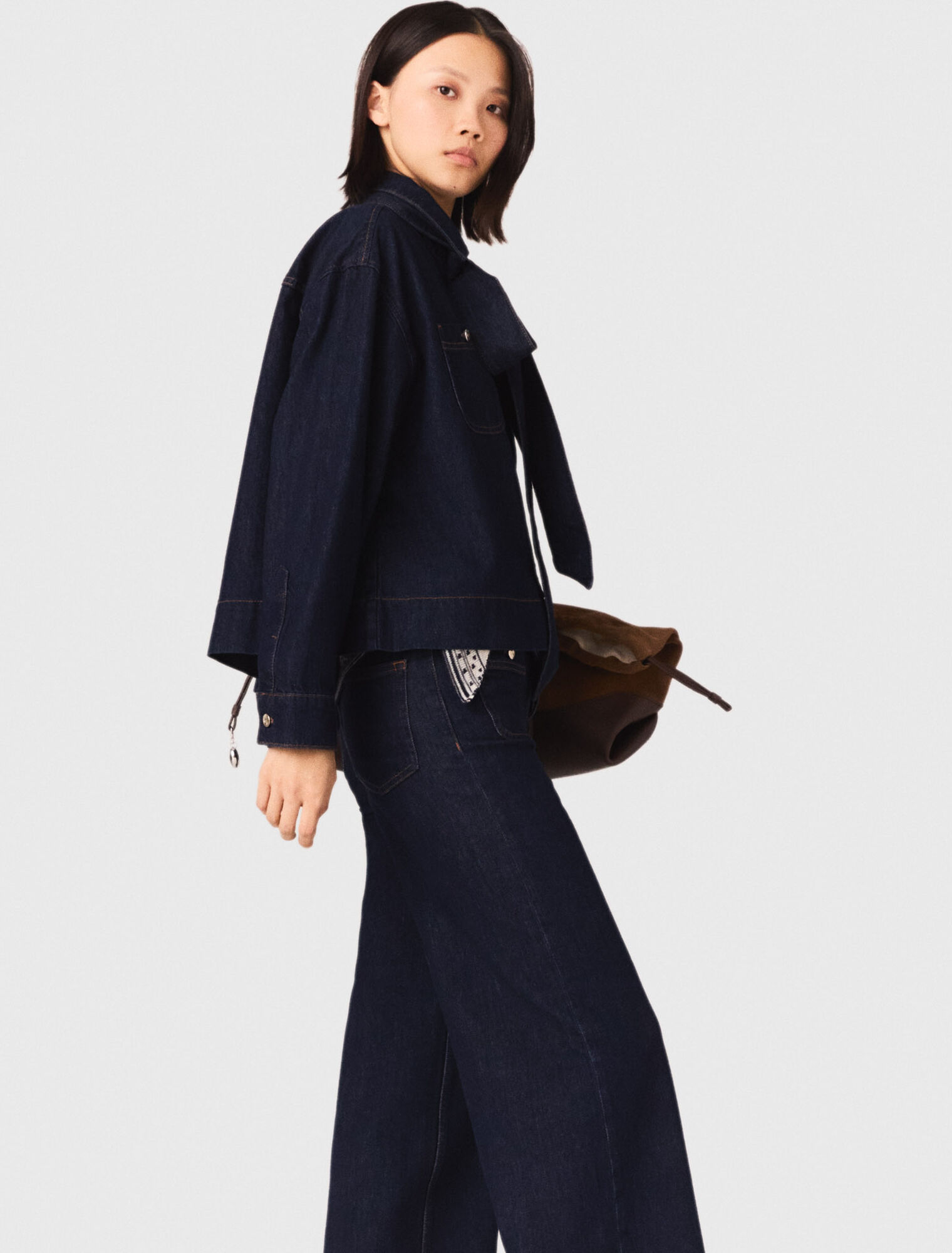 Denim shirt with pussy bow