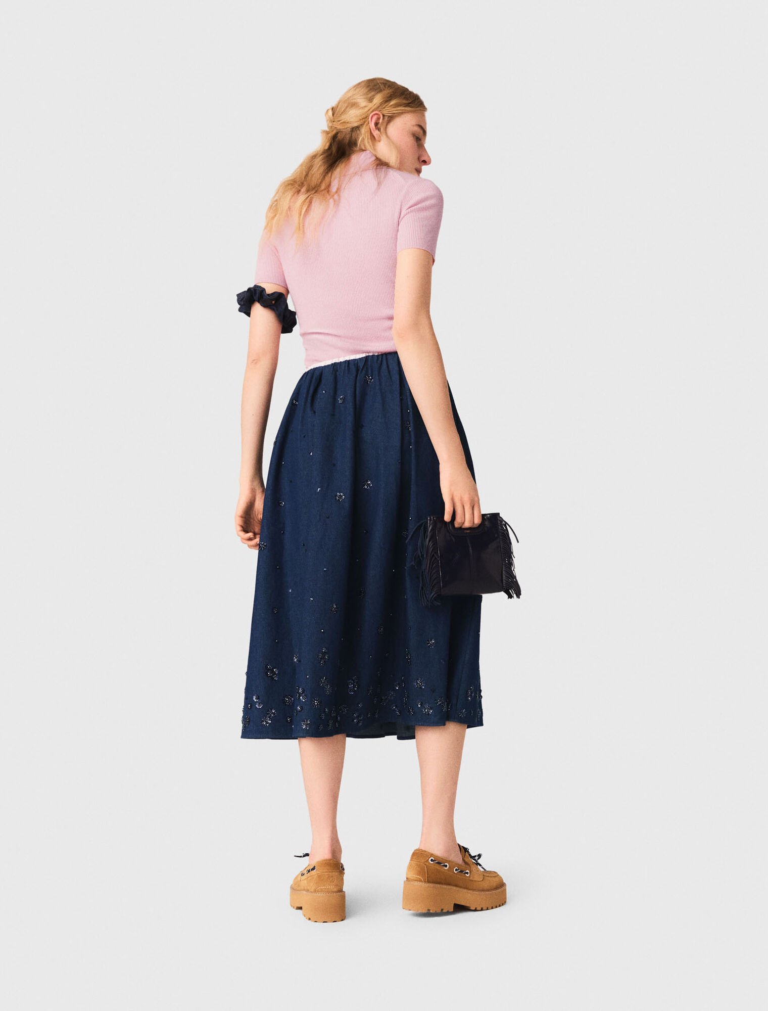 Embroidered denim midi skirt