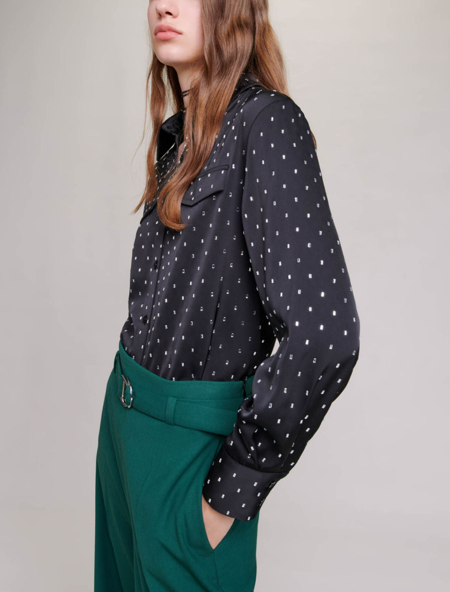 Satin-effect shirt with rhinestones