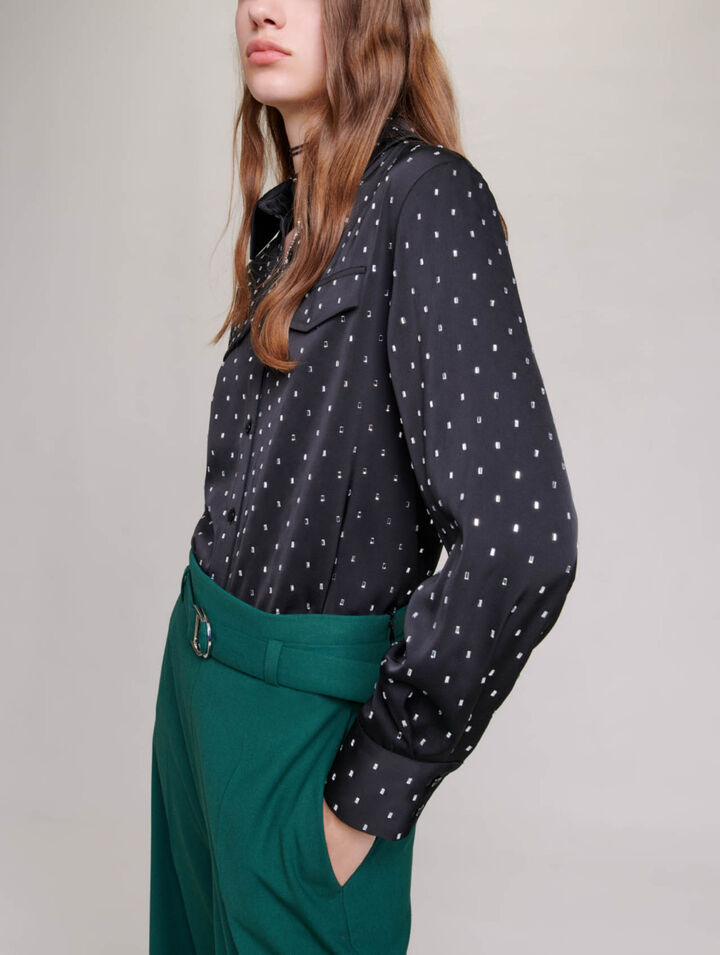 Satin-effect shirt with rhinestones