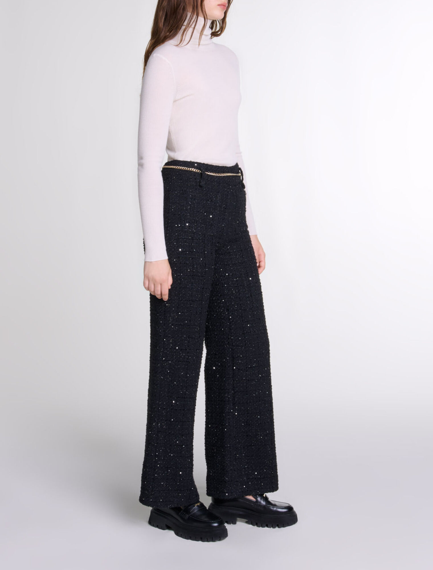 Sequinned tweed trousers