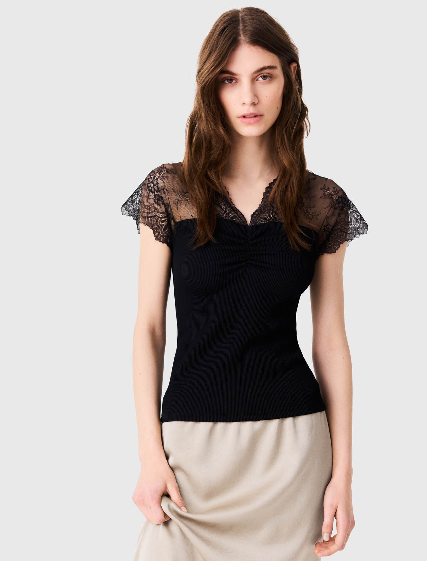 Jersey top with lace trim Black for Women | Maje