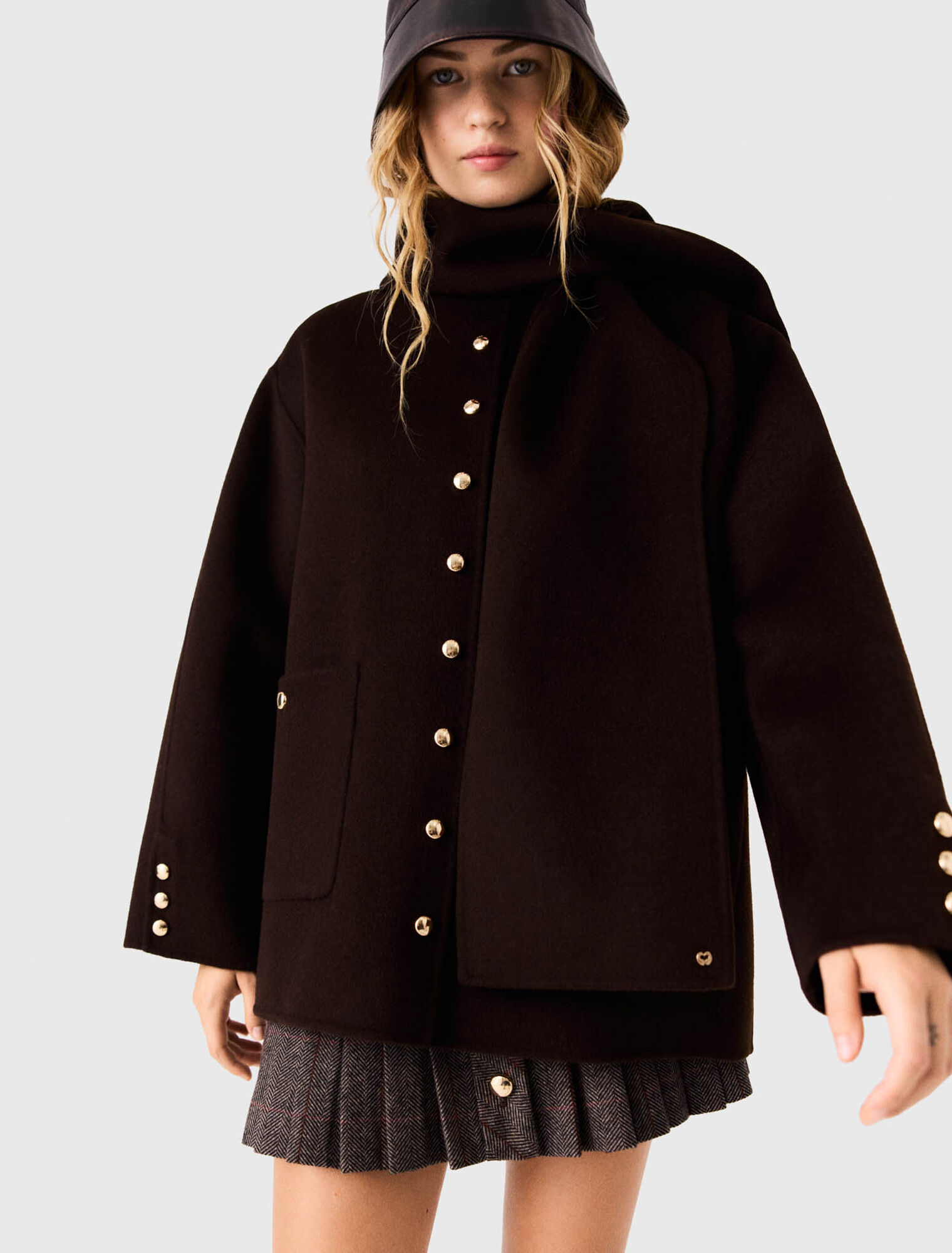 Wool coat with removable scarf