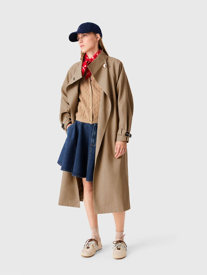 Long belted trench, gold buttons