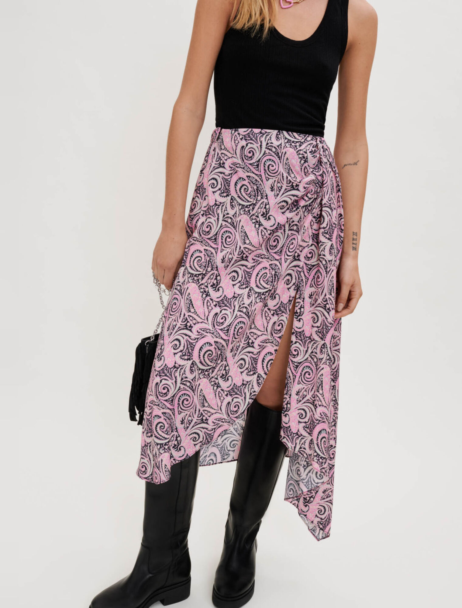 Printed viscose asymmetric skirt