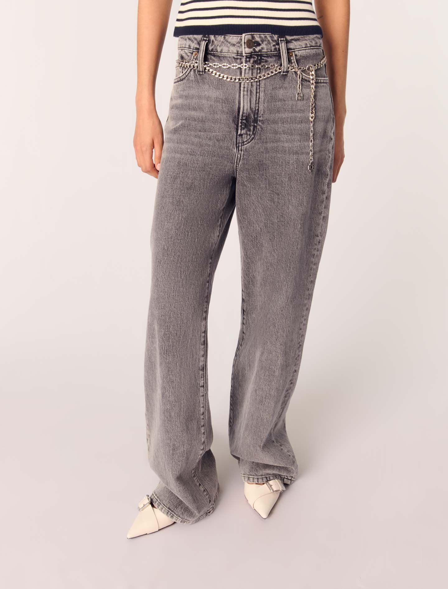 Wide-leg jeans with chain-link belt Black / Gray for Women