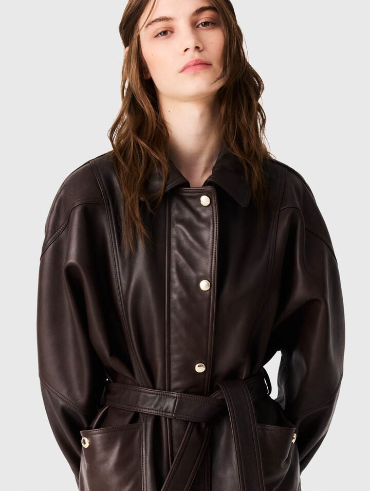 Oversize gold-button leather jacket