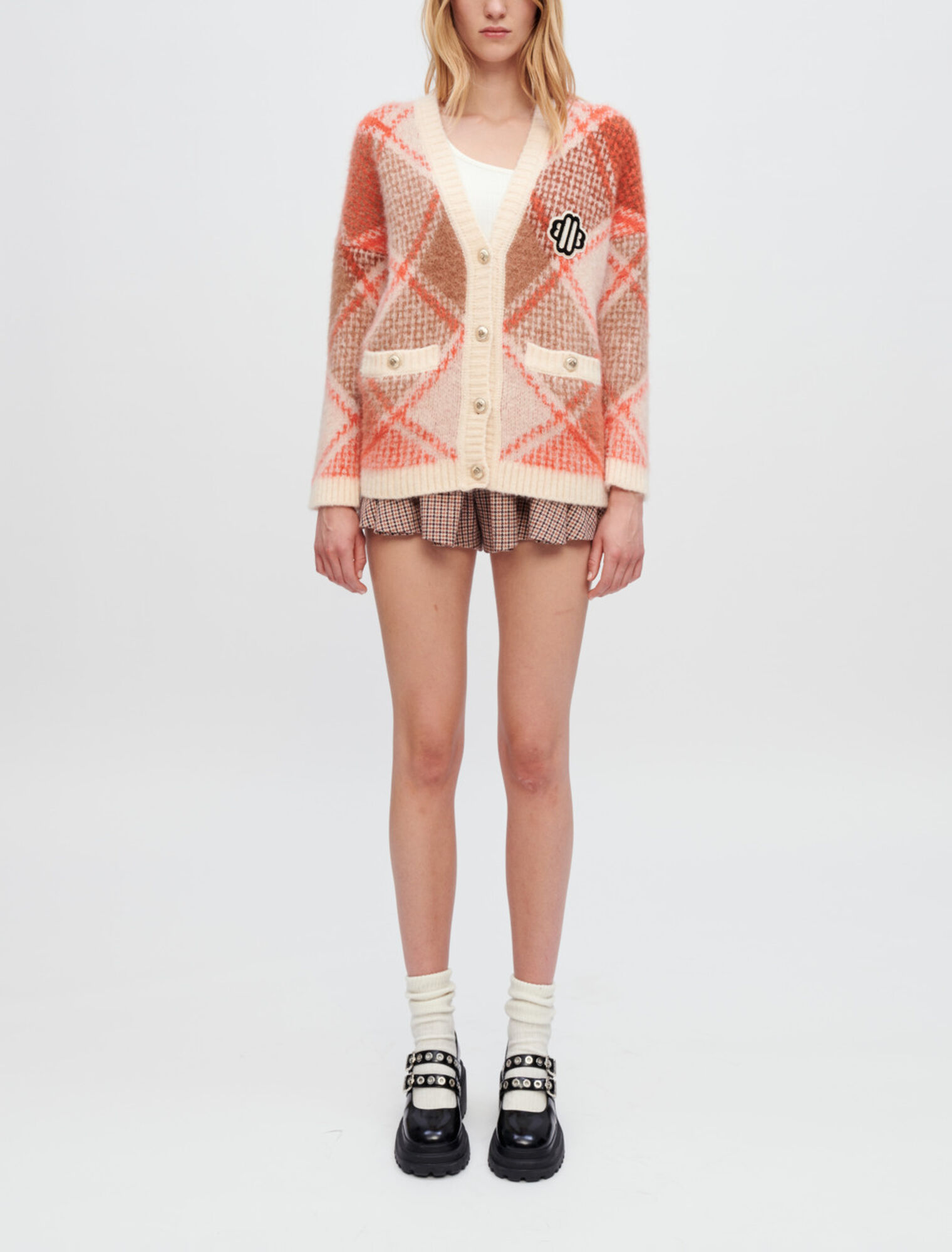 Fluffy diamond jacquard cardigan
