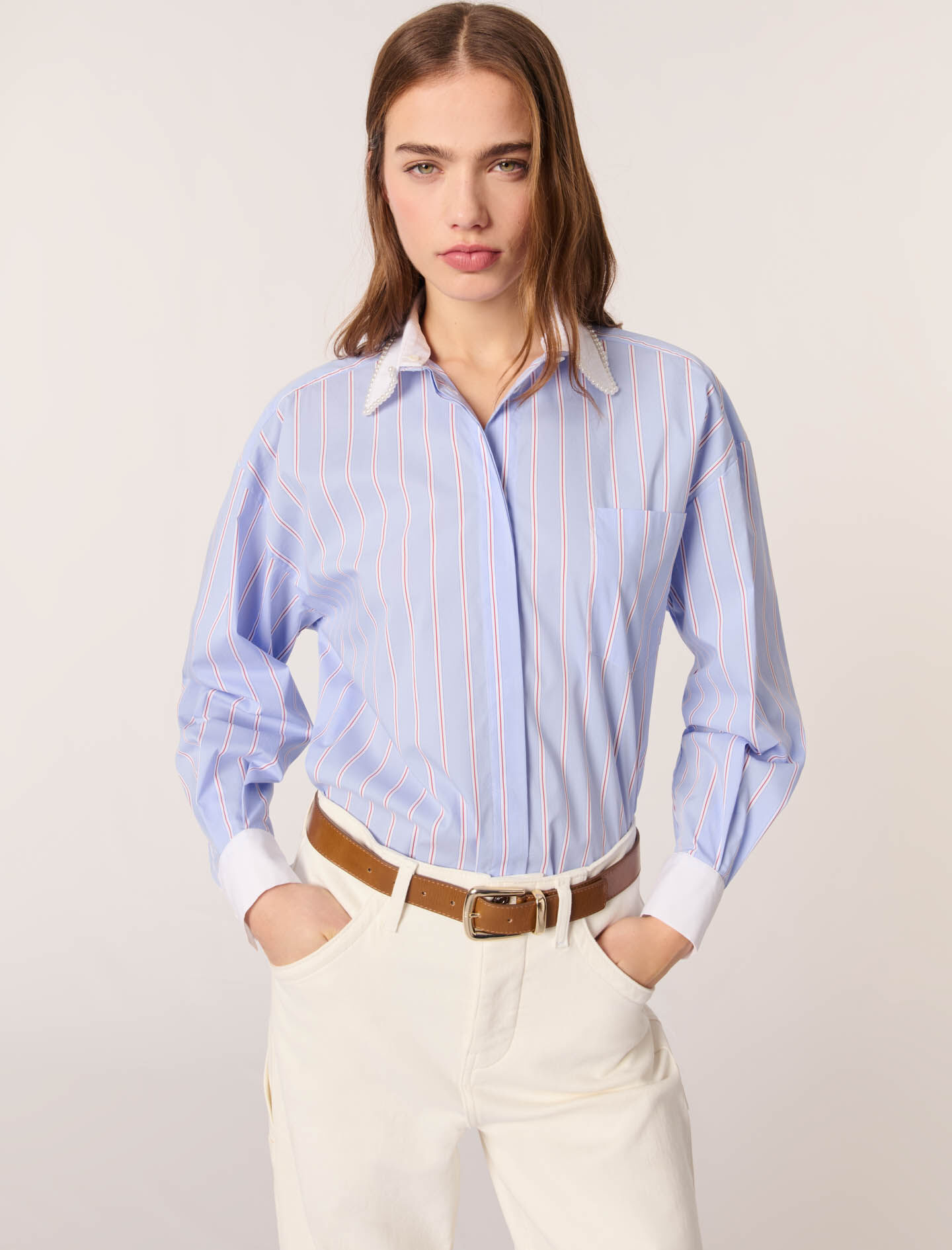 Striped shirt with beaded collar - Short sleeves | Maje
