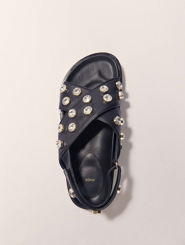 Flat leather and rhinestone sandals