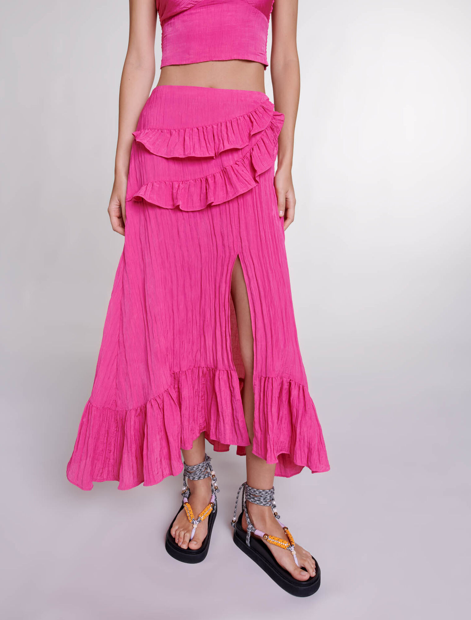 Long satin-effect crinkle skirt