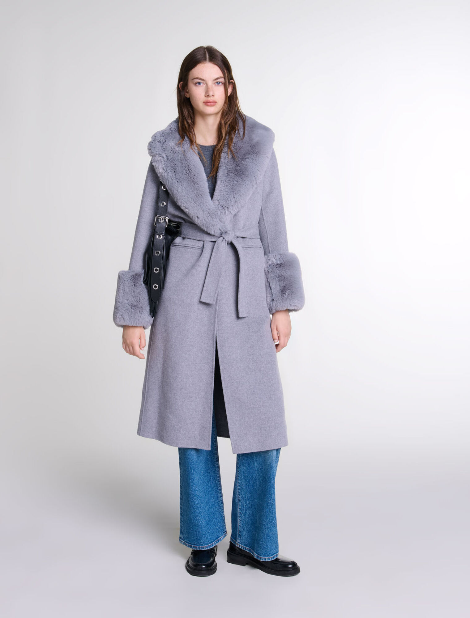 Long coat with faux fur collar