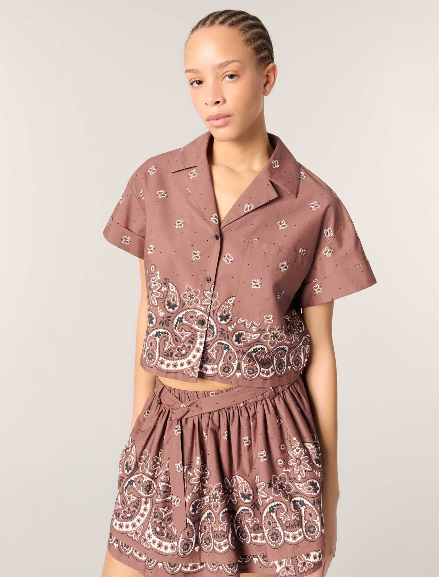 Patterned rhinestone cropped shirt Brown for Women | Maje