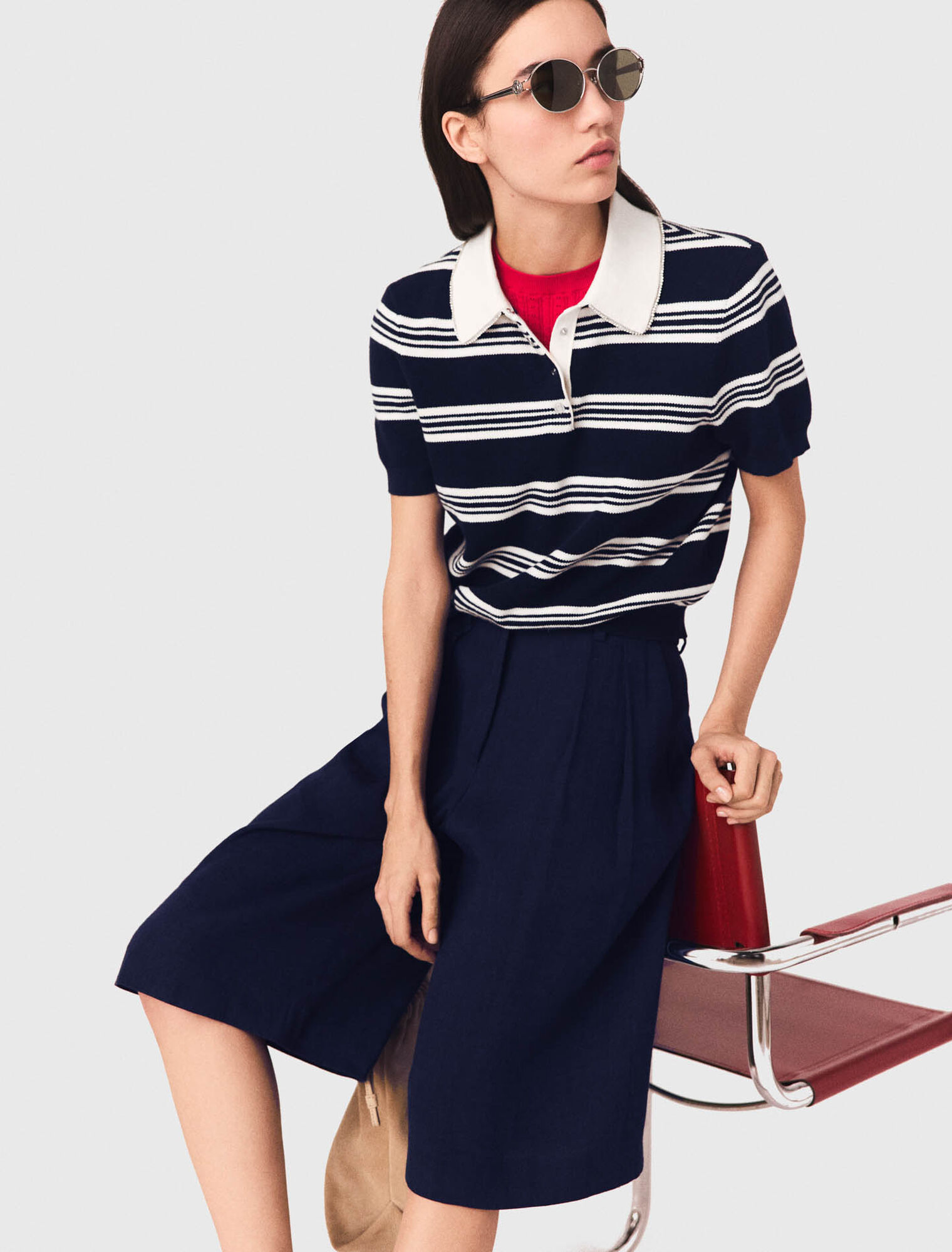 Striped polo with rhinestone collar