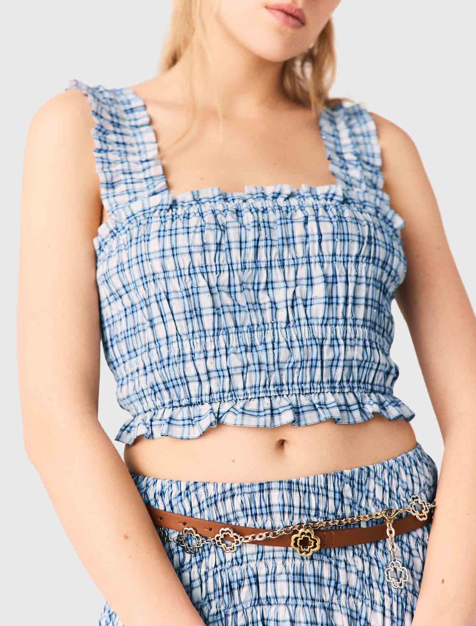 Smocked rhinestone cotton top