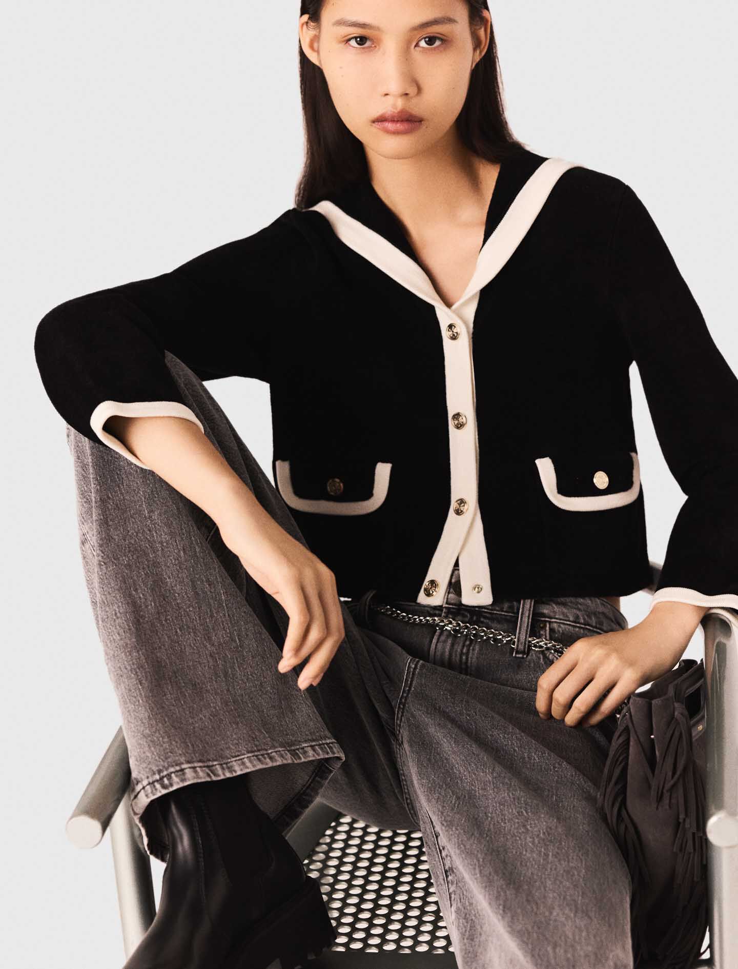 Velvet-effect cardigan Black / Gray for Women | Maje