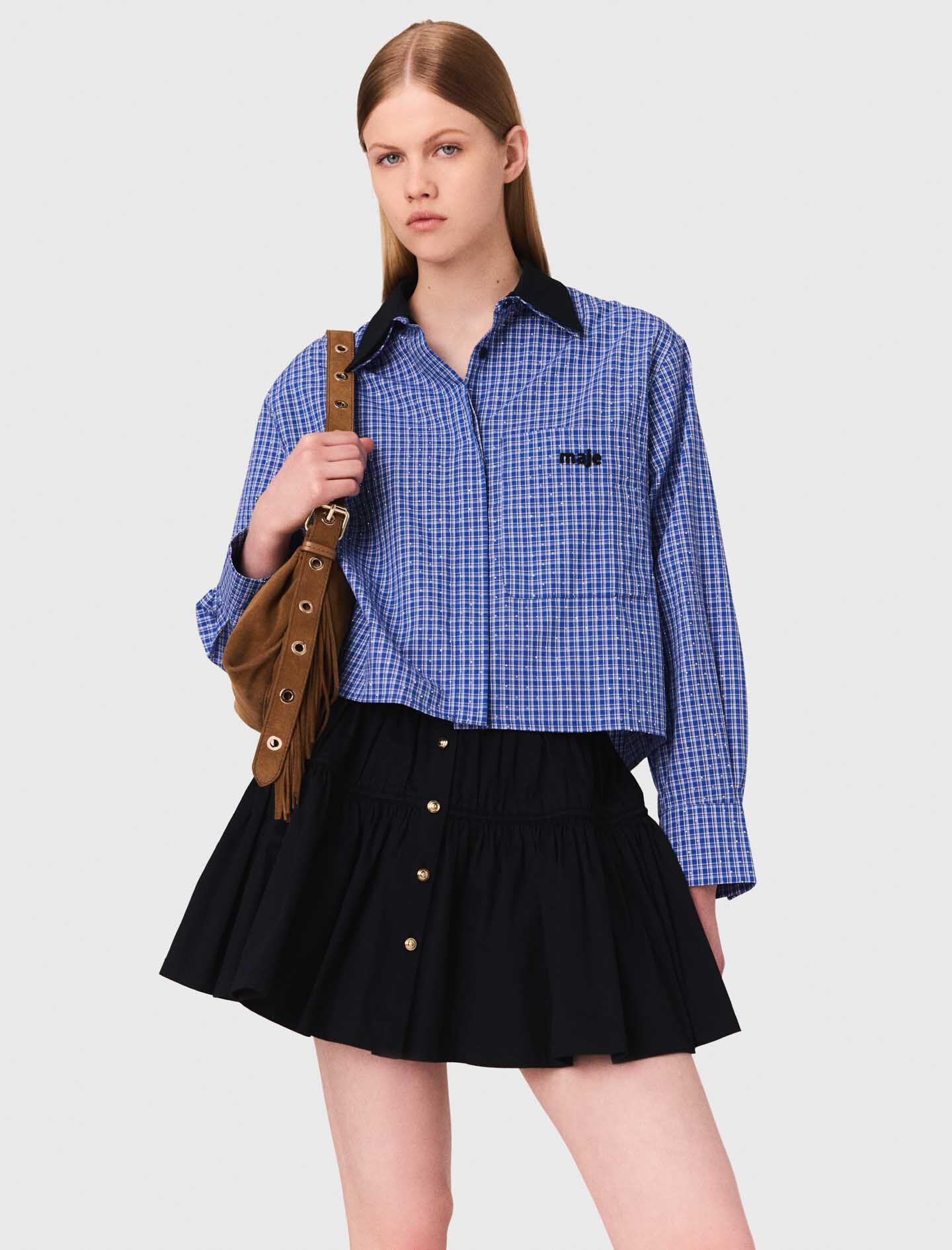maje 2023 tops トップス Poplin shirt with rhinestones Blue For Women | Maje