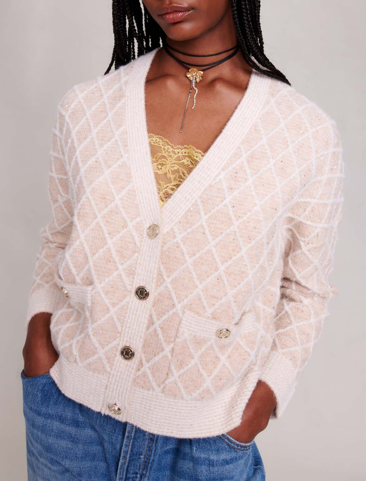 Checked knit cardigan