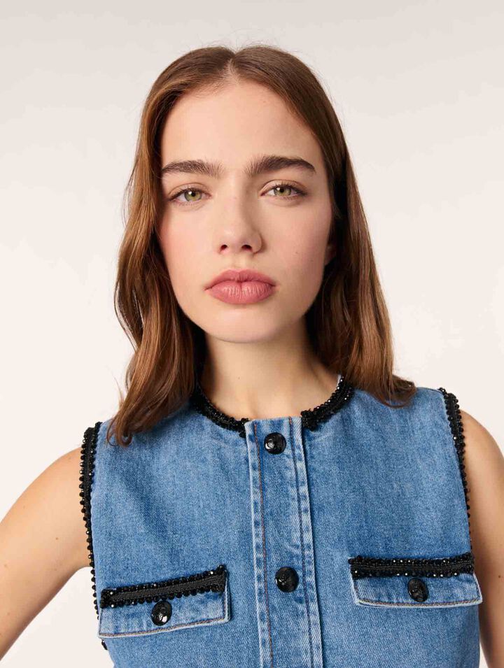 Denim dress with embroidered trim