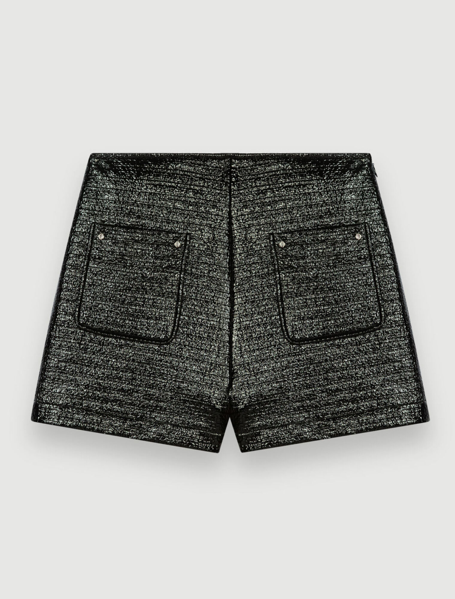 Embossed tweed and black vinyl shorts