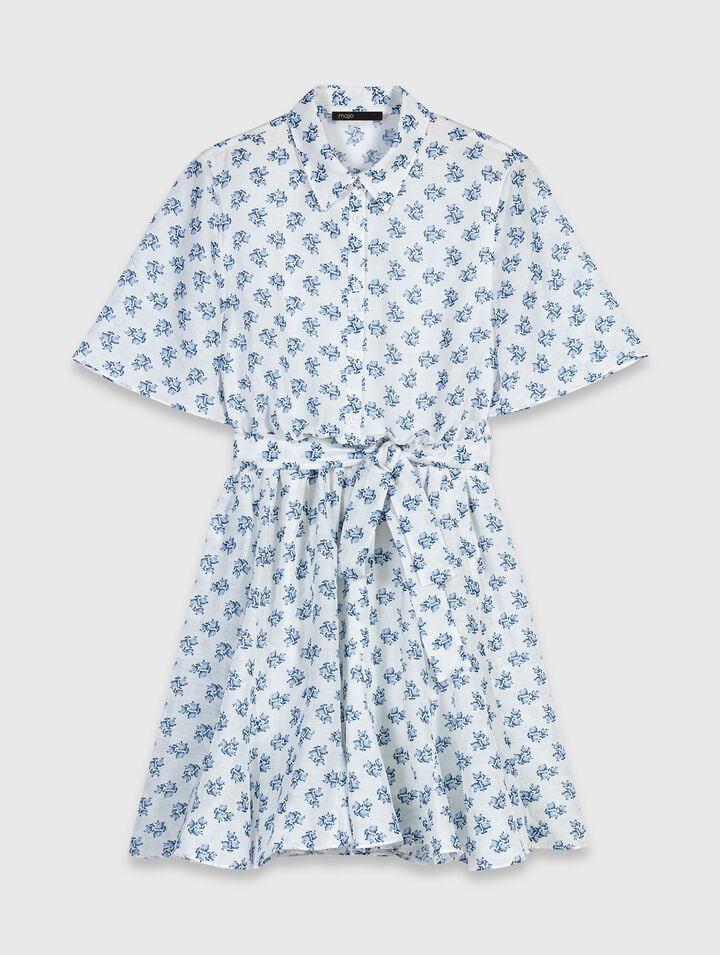 Short patterned linen-blend dress