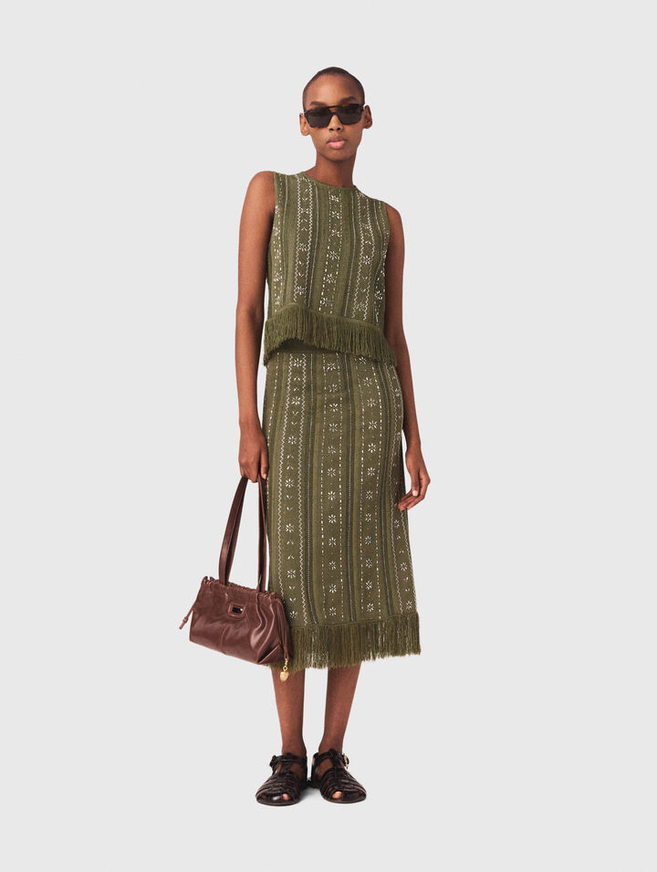 Knit skirt with rhinestone flowers