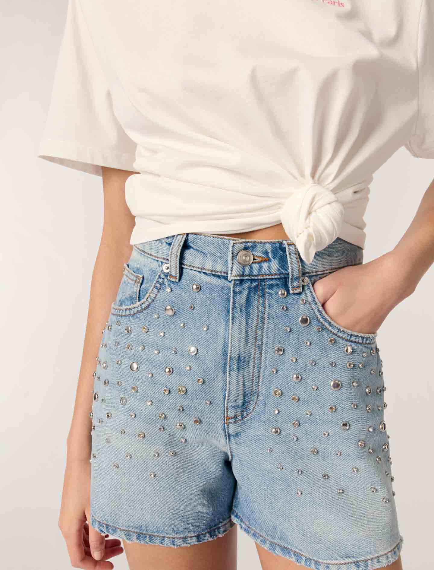 【COLOR iN ID】Hint studded shorts Studded denim shorts Blue for Women | Maje