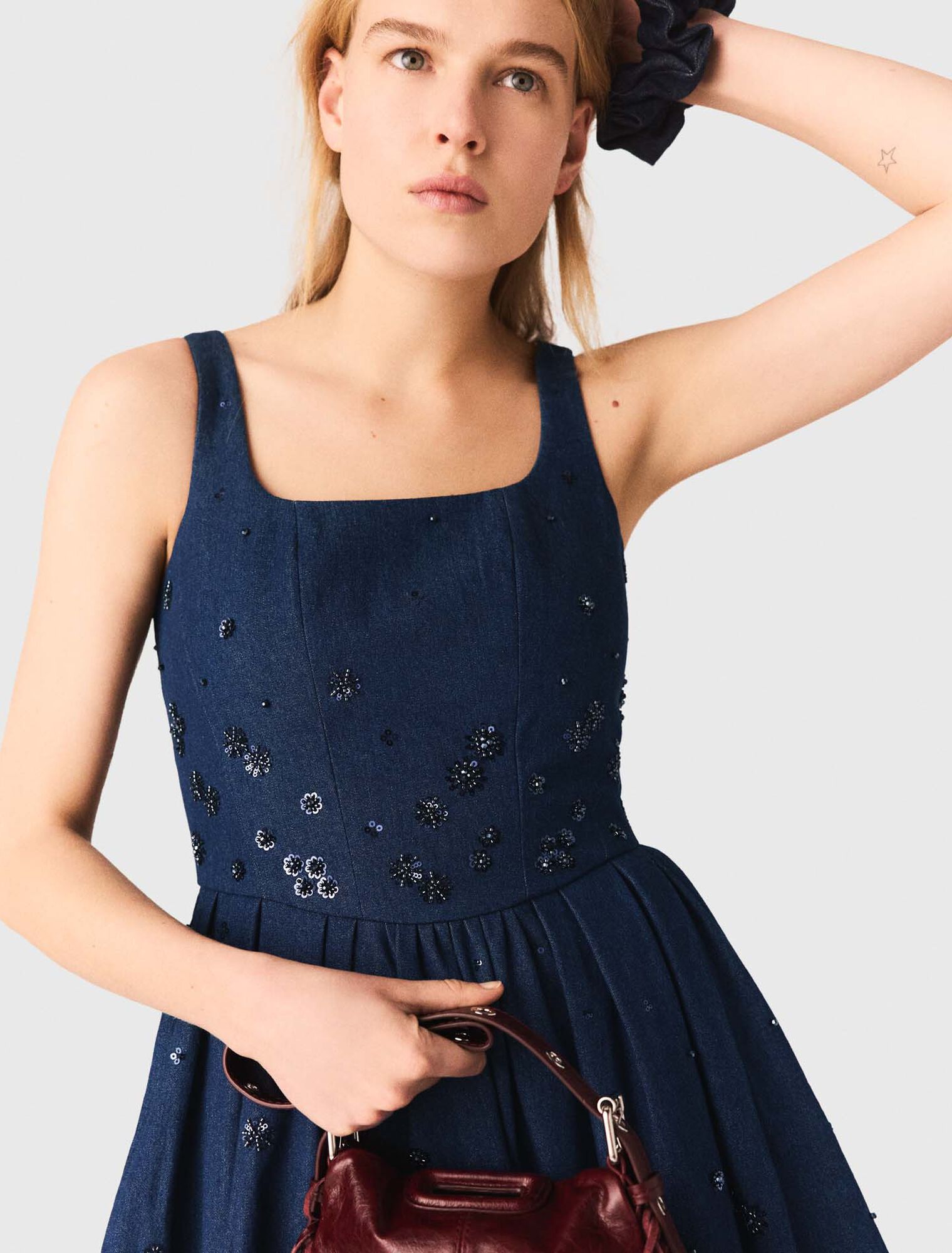 Flared embroidered denim dress
