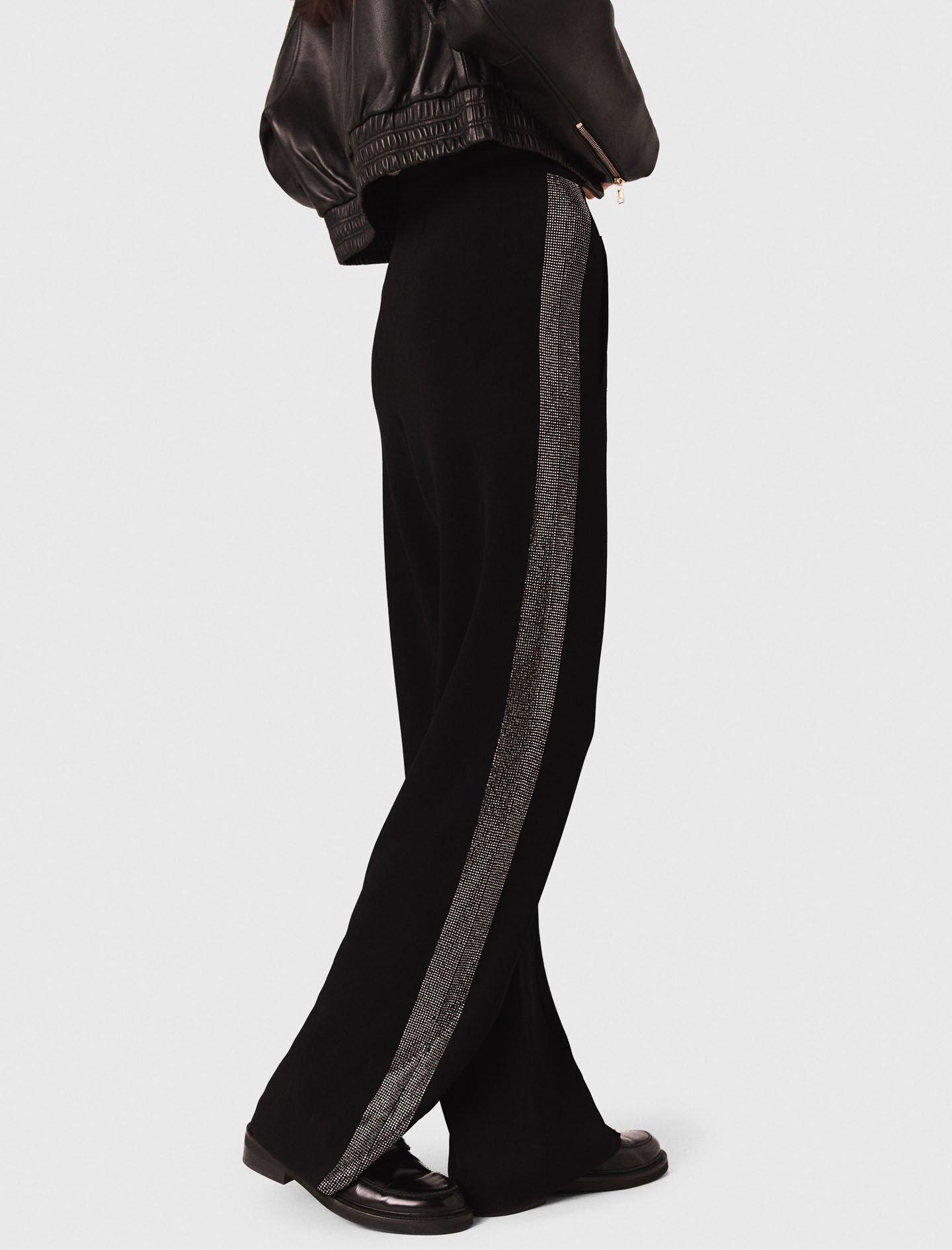 Trousers with rhinestone band Black / Gray for Women | Maje