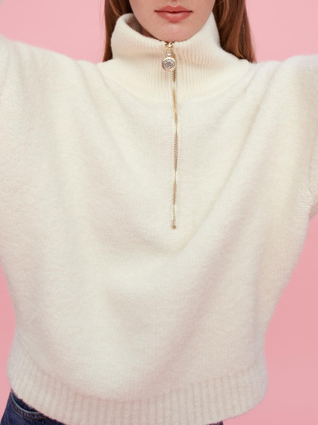 Ecru bouclé mock-neck jumper