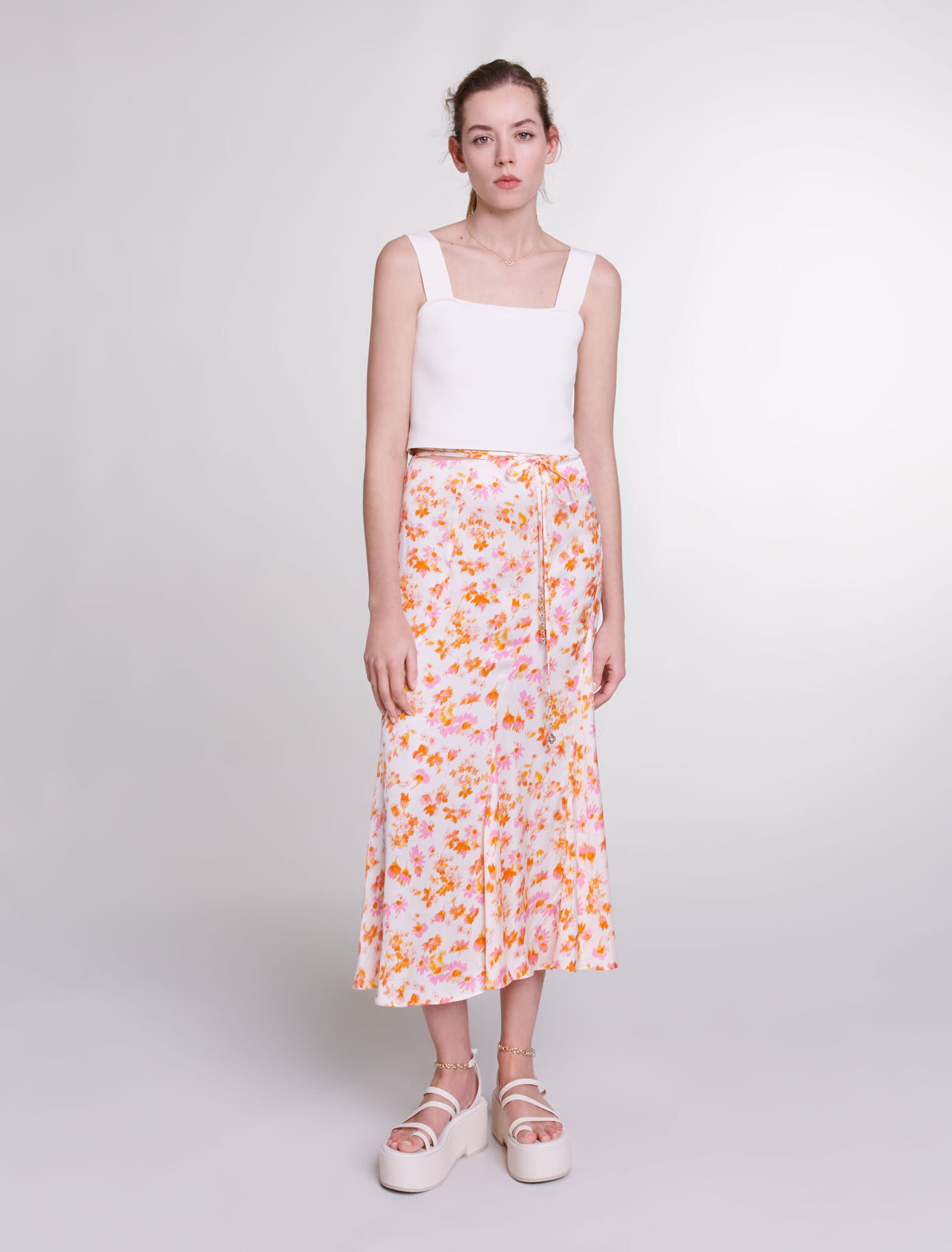 Satin-effect floral skirt
