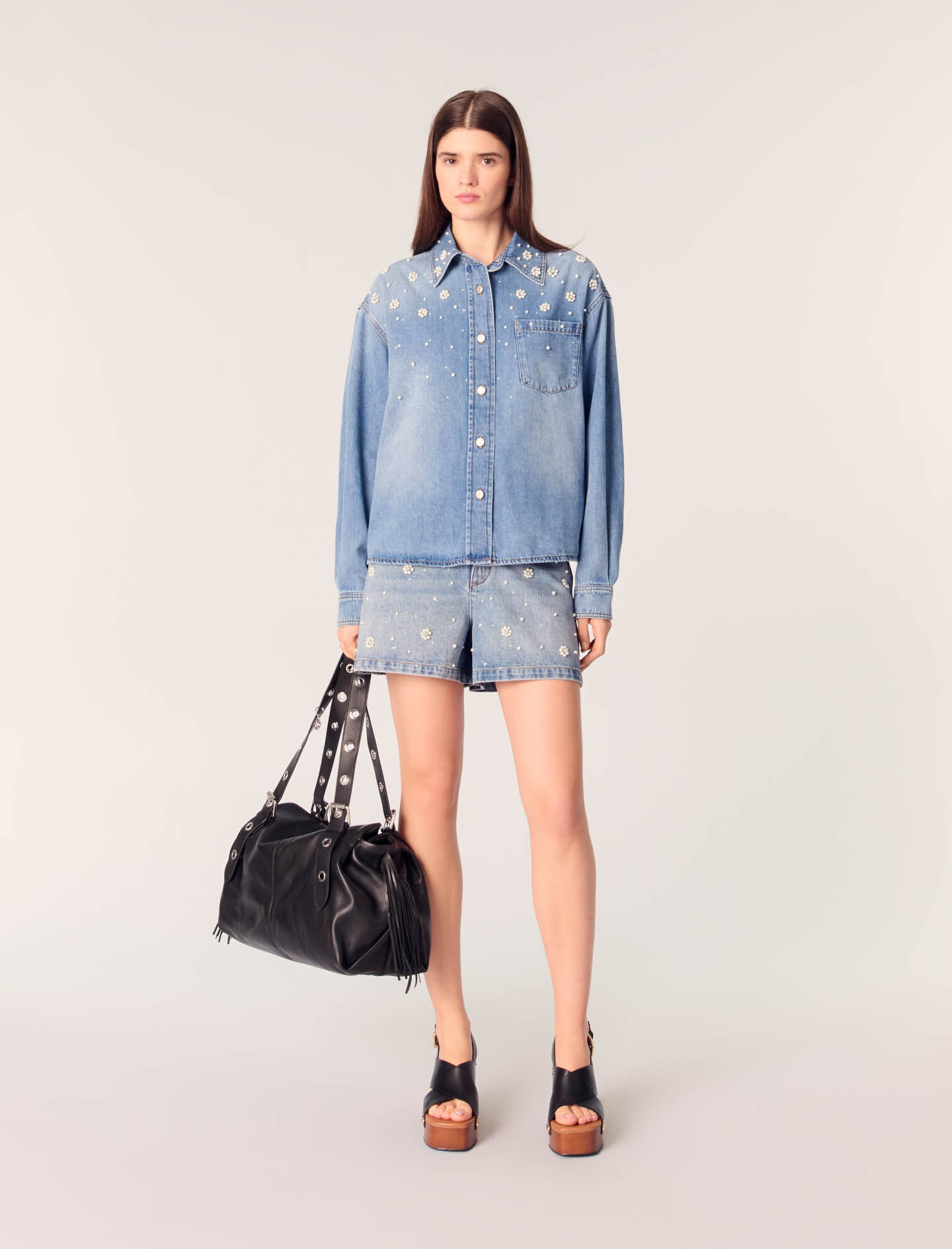 バルマン denim effect printトップス ブルー Denim shirt with embroidered beads Blue for Women | Maje